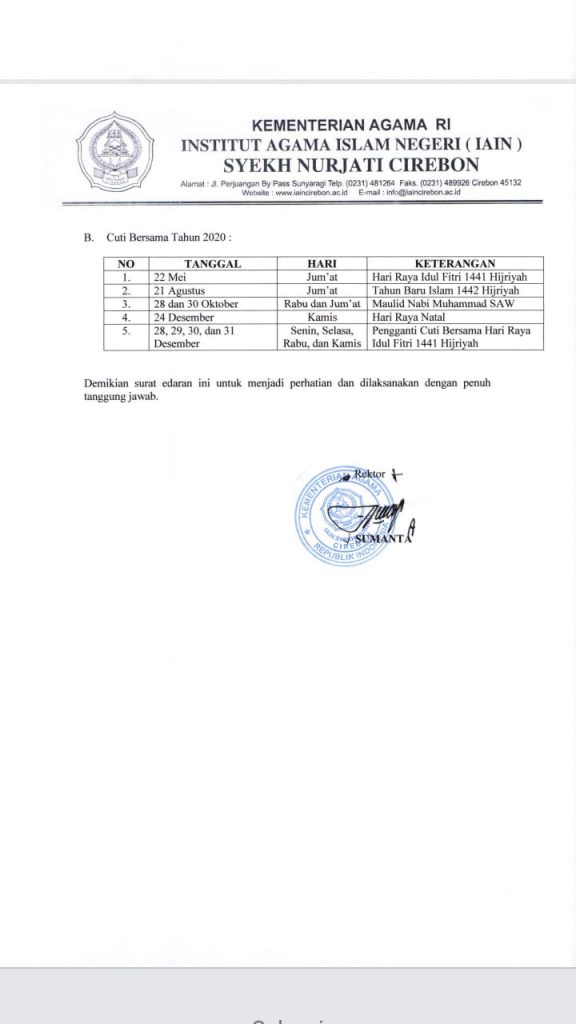 PERUBAHAN HARI LIBUR NASIONAL DAN CUTI BERSAMA CIVITAS AKADEMIK IAIN SYEKH NURJATI CIREBON